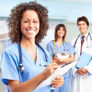 Smiling medical people with stethoscopes. Doctors and nurses